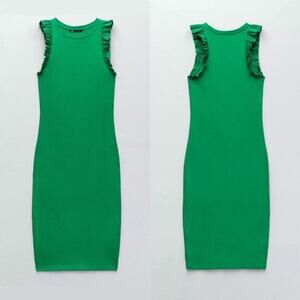 NWT Zara Sleeveless Ribbed Midi Dress With Ruffle Detail in Green sz XS